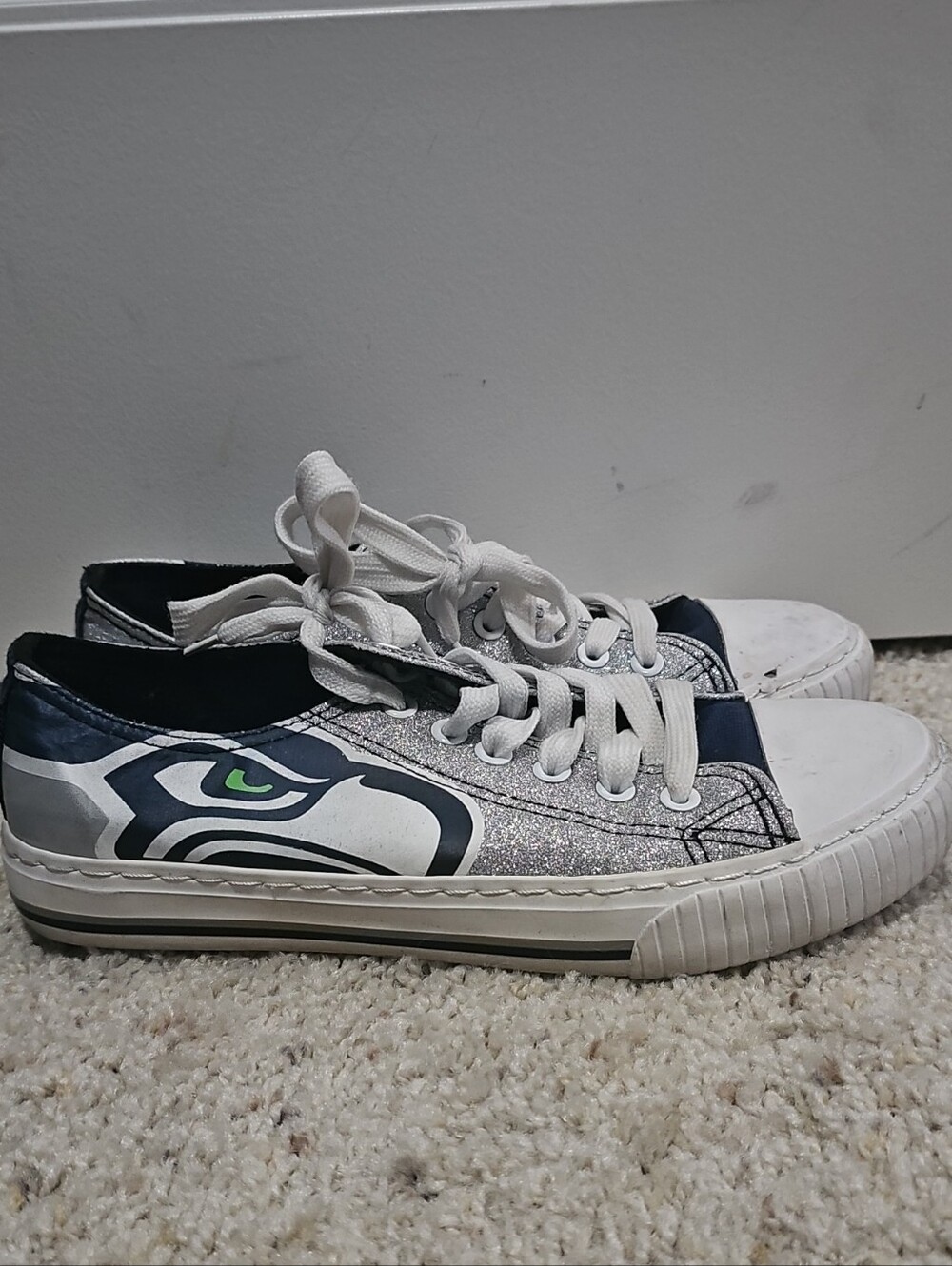 Womens White and Navy Glitter Seahawk Sneakers